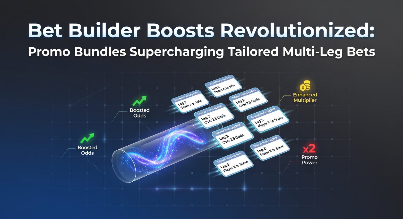 Vibrant digital display showing layered bet builder options with glowing promo boost icons overlayed on a soccer match graphic