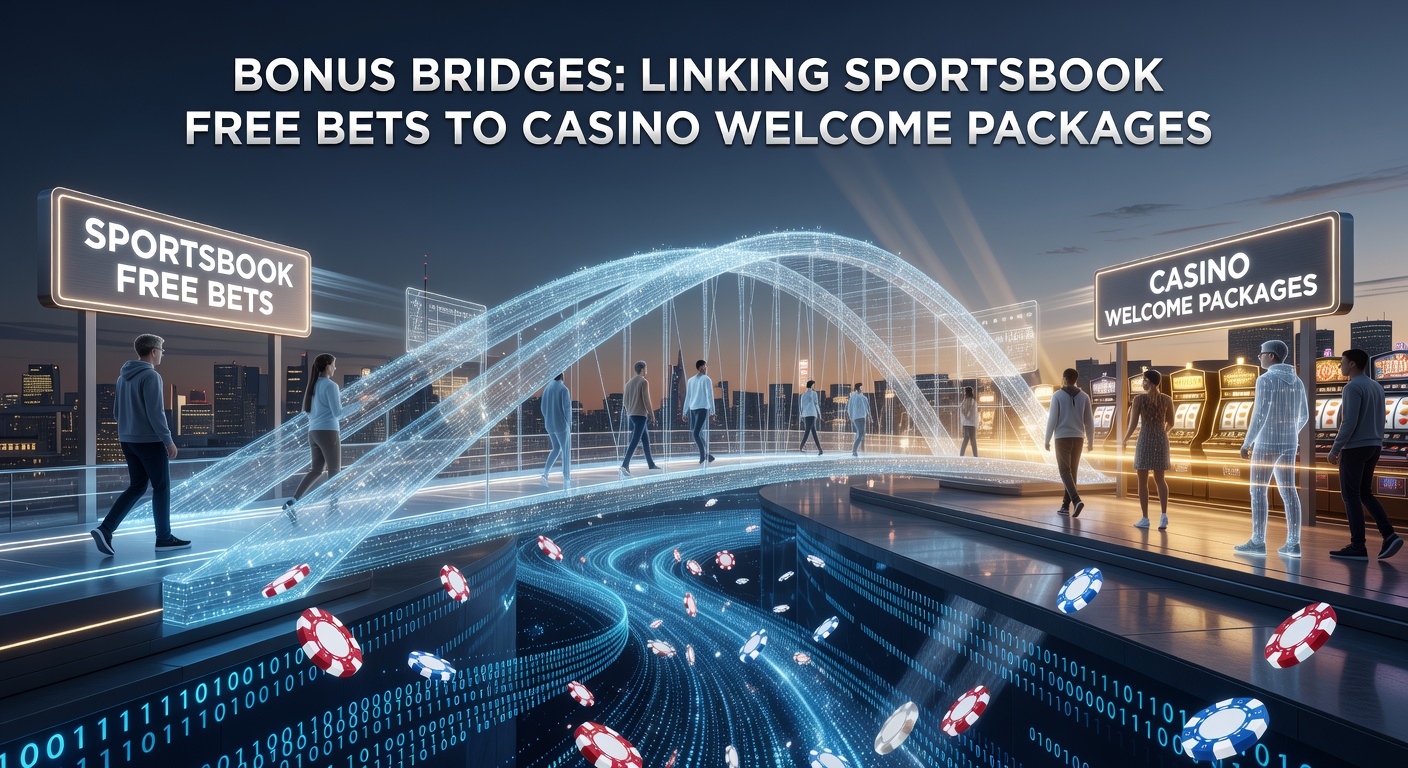 Illustration of a bridge connecting sportsbook icons to casino slots and tables, symbolizing linked promotions