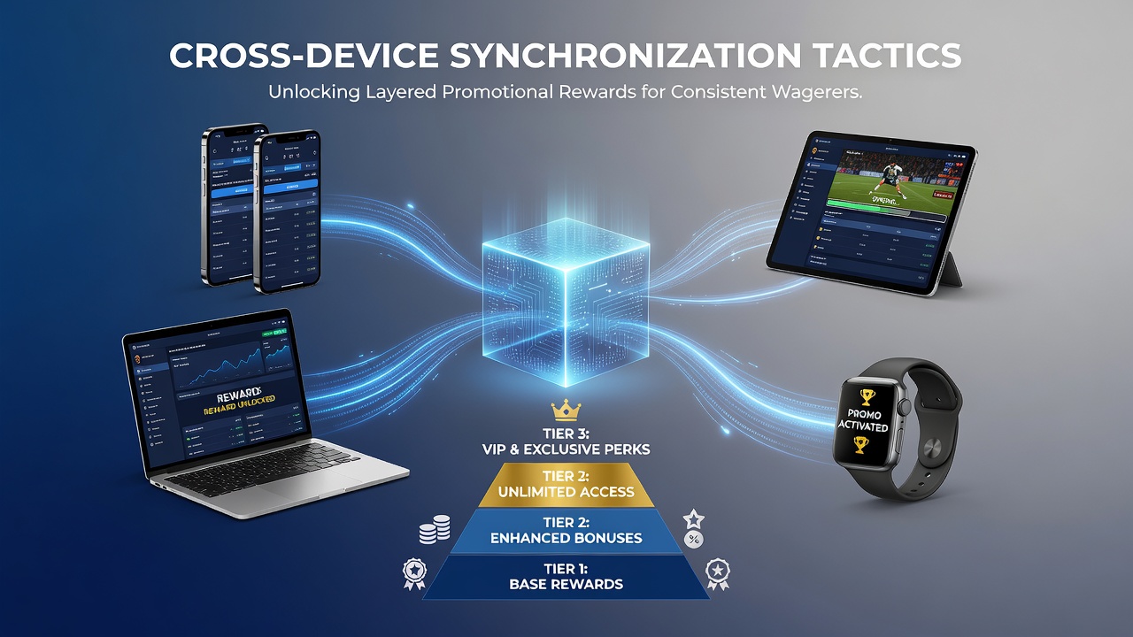 Layered reward dashboard displaying synchronized progress across multiple devices and promotional tiers