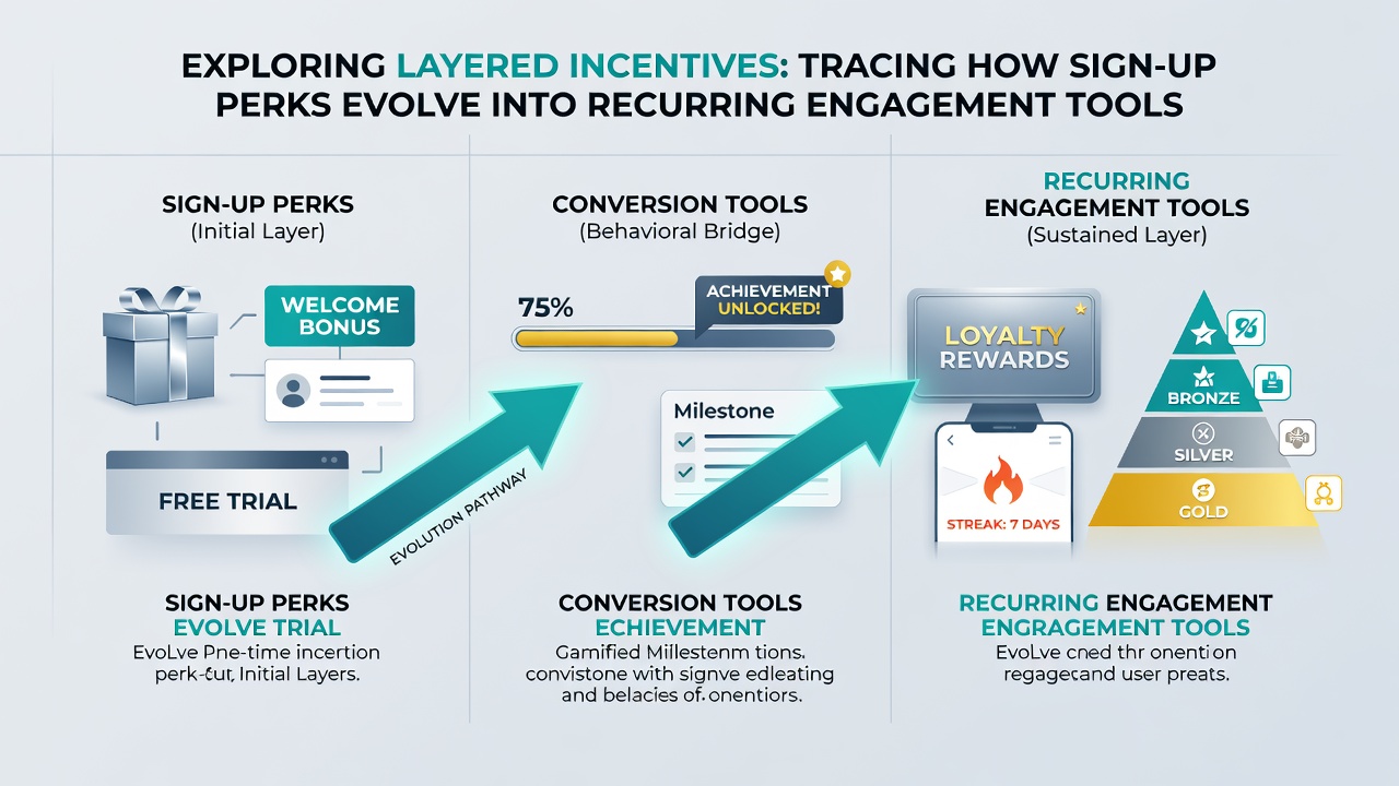 Infographic showing examples of recurring engagement tools like reload bonuses and loyalty tiers that follow initial sign-up promotions