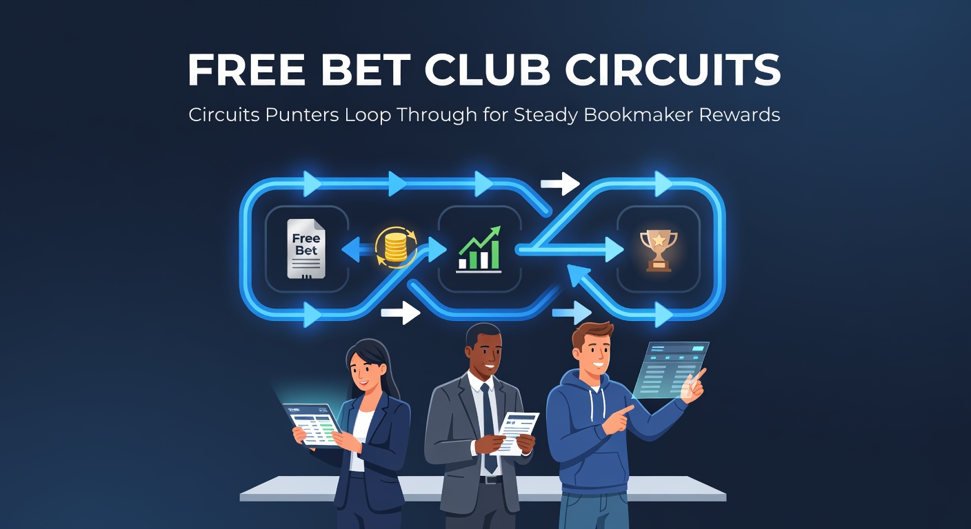 Punters navigating a circuit of bookmaker free bet club icons connected by looping arrows, illustrating reward cycles