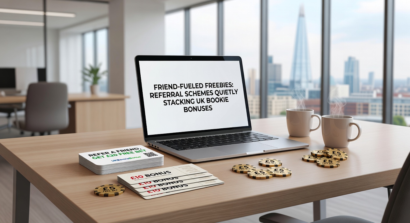 Illustration of referral chains linking multiple punters to towering stacks of bookmaker bonus chips