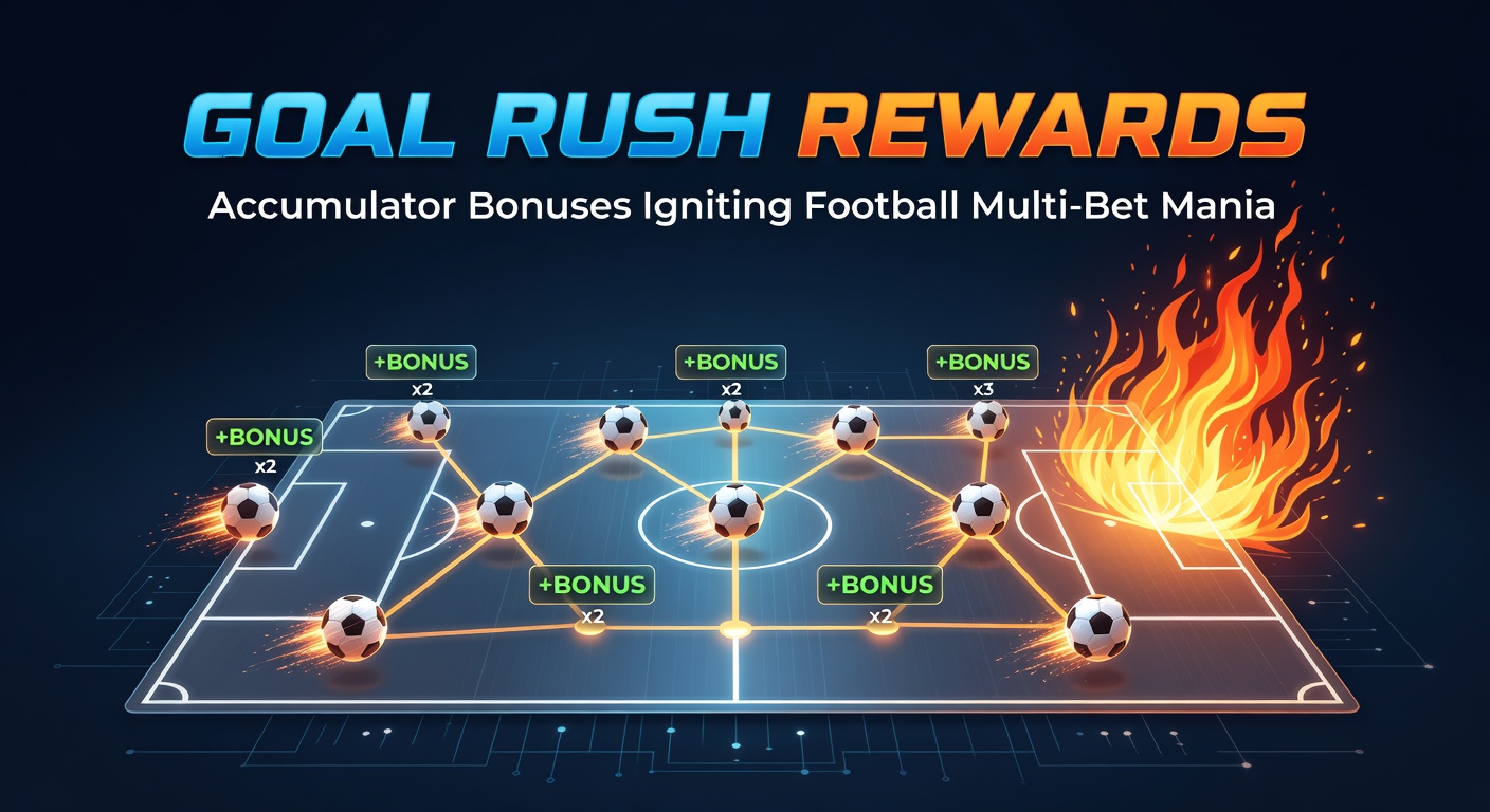 Vibrant stadium scene with fans cheering goals during a high-scoring football match, overlaid with graphics showing accumulator bet slips and bonus multipliers