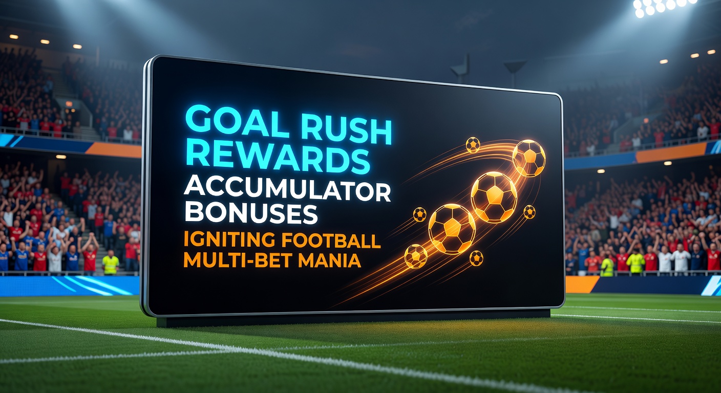 Close-up of a mobile betting app displaying a winning Goal Rush accumulator with goal tally graphics, bonus percentage highlighted, and payout explosion animation