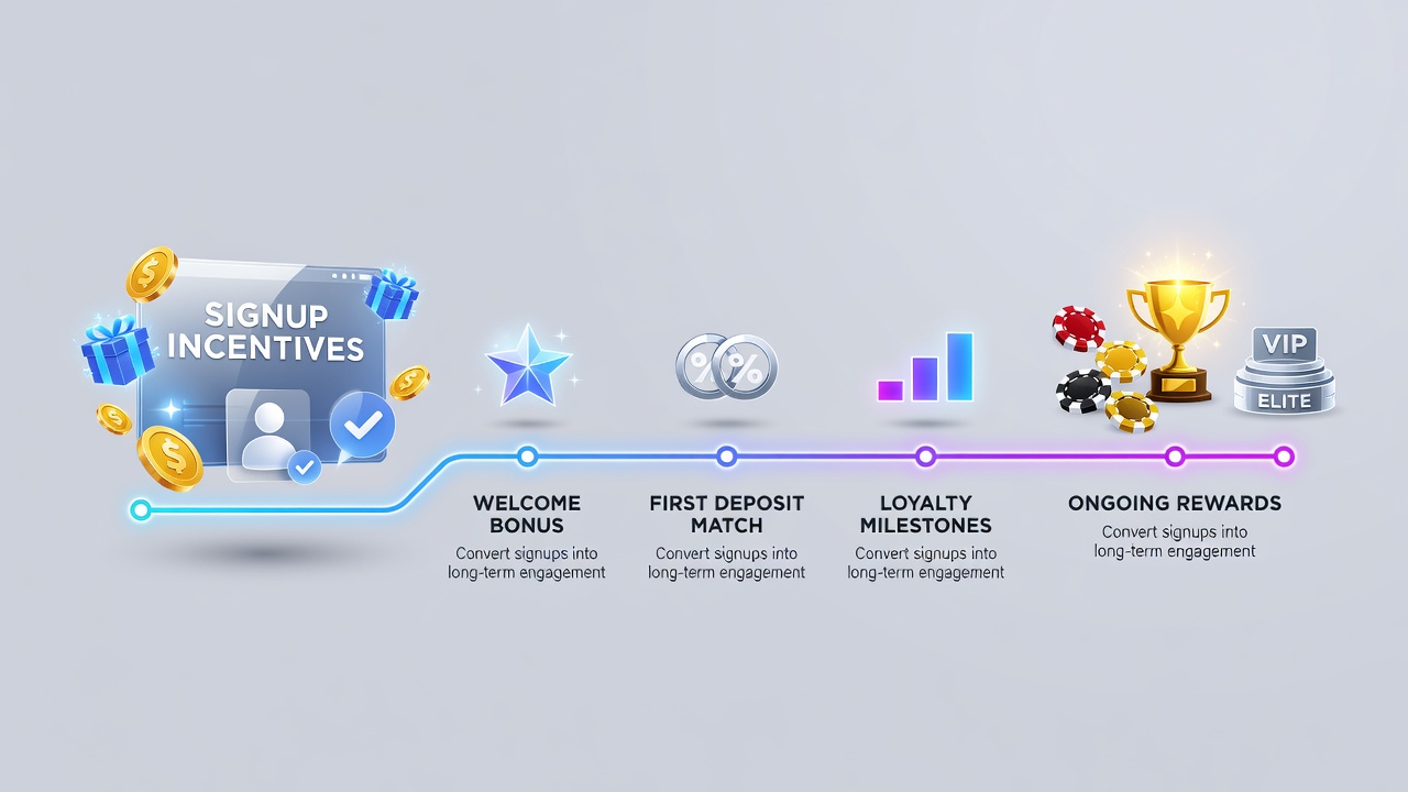 Digital interface showing signup bonus options transitioning into loyalty reward tiers on a wagering platform