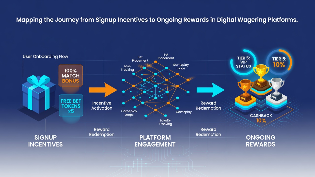 Flowchart diagram illustrating stages from signup incentives through loyalty tiers to personalized ongoing rewards in digital wagering