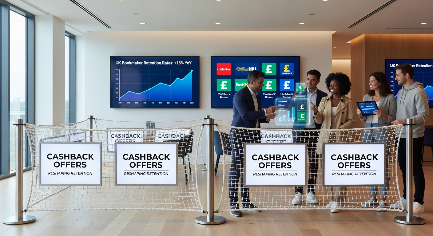 Infographic showing cashback percentages and retention graphs for major UK bookmakers, highlighting weekly loss refunds