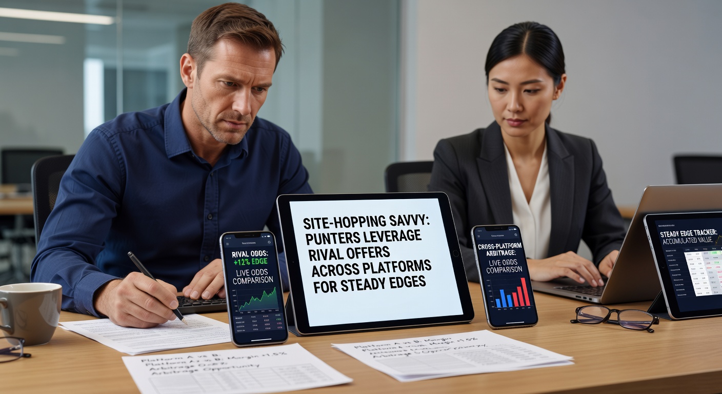 Punters comparing betting offers across multiple bookmaker platforms on laptops and phones, highlighting site-hopping strategies