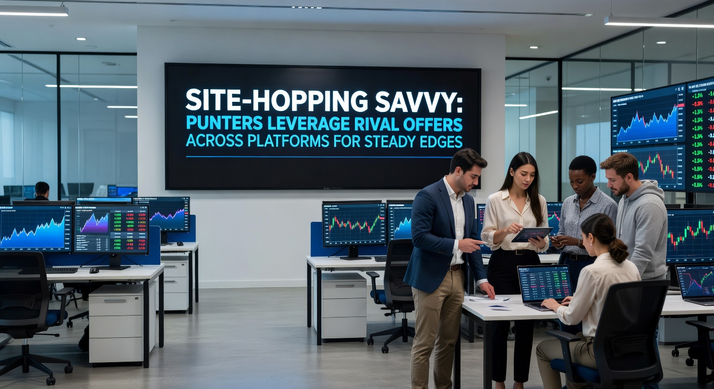 Illustration of a punter site-hopping between bookmaker apps, with icons showing bonuses, free bets, and odds comparisons