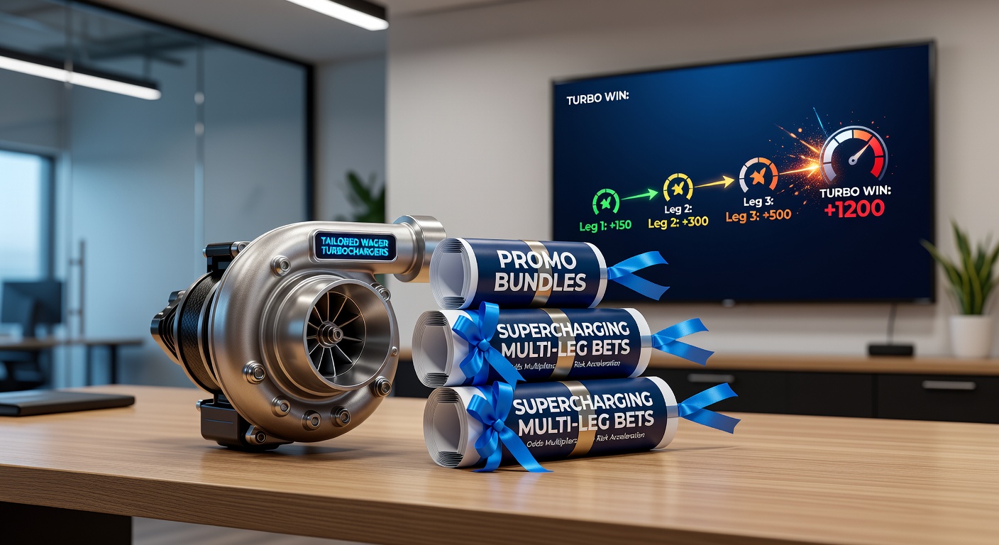 Infographic detailing a multi-leg bet progression with promo bundle activations, arrows showing odds boosts and payout escalations