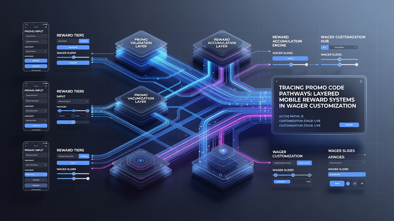 Diagram illustrating promo code flow through mobile reward layers and wager customization options