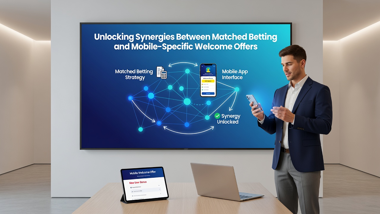 Screenshot showing a mobile betting app interface with welcome offer details and matched betting calculator