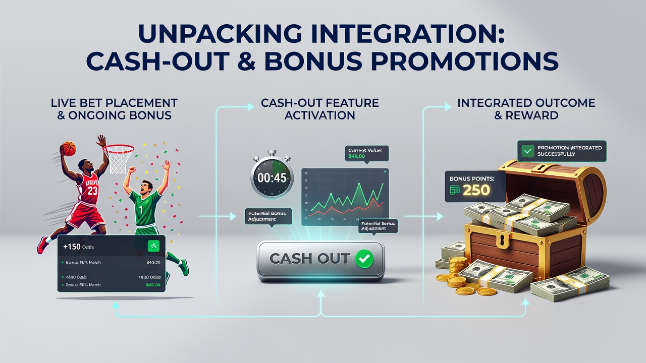 Sportsbook interface displaying cash-out options alongside active bonus promotions